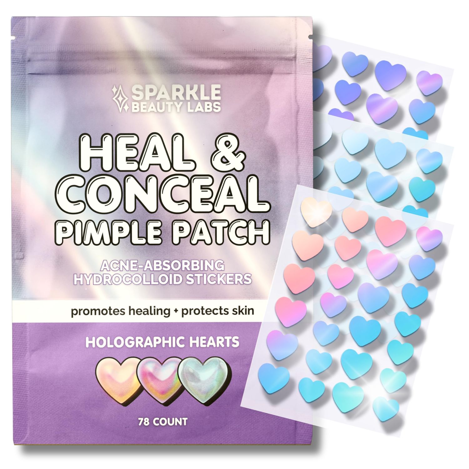 Sparkle Beauty Labs Heal &amp; Conceal Pimple Patch - Cute Holographic Heart Shaped Acne Patches, Fun Hydrocolloid Zit Stickers for Face (Iridescent Hearts, 78 Count)