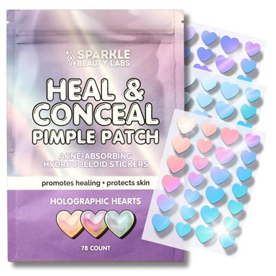 Sparkle Beauty Labs Heal &amp; Conceal Pimple Patch - Cute Holographic Heart Shaped Acne Patches, Fun Hydrocolloid Zit Stickers for Face (Iridescent Hearts, 78 Count)