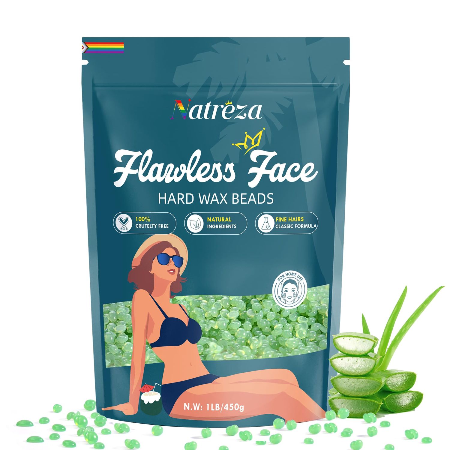 Natreza Hard Wax Beads for Hair Removal, 1lb Hard Wax for Sensitive Skin With Aloe Vera Extract, Formulated for Fine Hairs, Perfect Body Wax for Face Eyebrow Chin Upper Lip Leg Arm Bikini Waxing