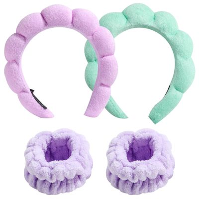 oneleaf Spa Facial Headband Sponge Makeup Headband Girls Washing Face Skincare Padded Soft Microfiber Spa Wrist Washband Ladies Spa Hair Wraps Headbands for Shower Makeup Bath (4 Pieces (Purple&amp;Green)
