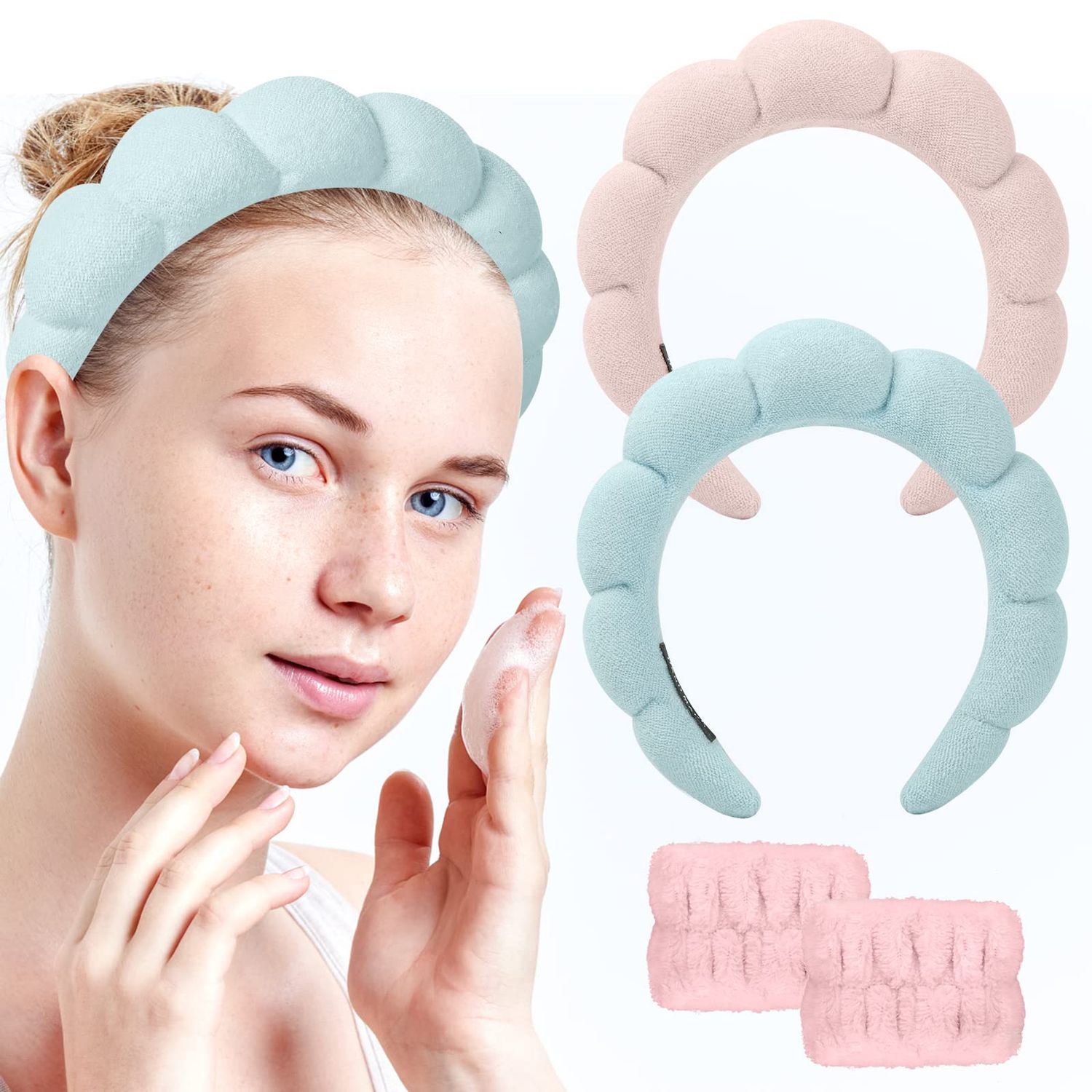 Sponge Spa Headband for Women, Spa Terry Towel Cloth Fabric Head Band with 2PCS Wrist Washband, Soft &amp; Absorbent Material Hair Accessories for Face Washing Shower Skincare Makeup Removal (Pink,Blue)