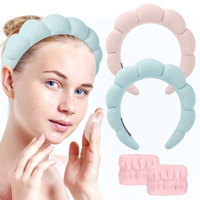 Sponge Spa Headband for Women, Spa Terry Towel Cloth Fabric Head Band with 2PCS Wrist Washband, Soft &amp; Absorbent Material Hair Accessories for Face Washing Shower Skincare Makeup Removal (Pink,Blue)