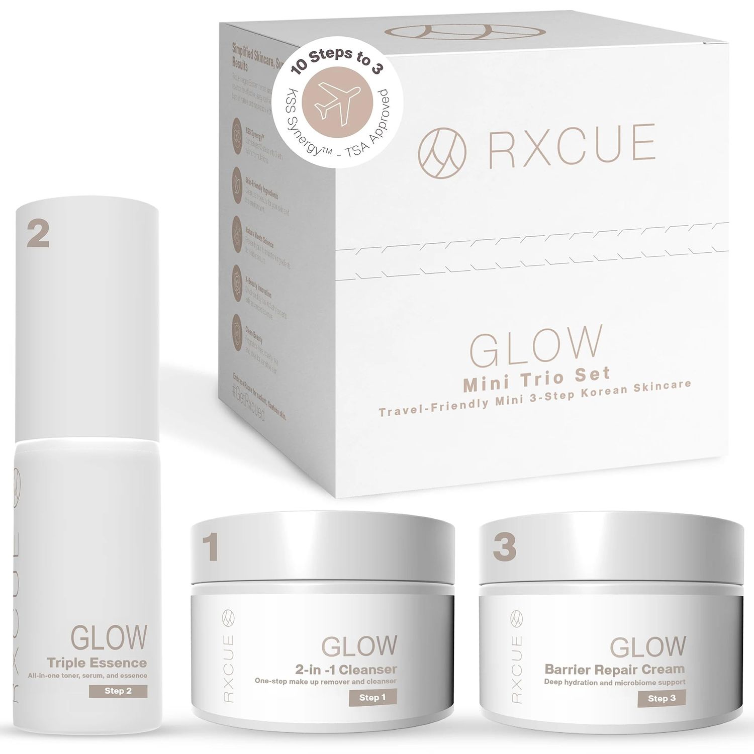 Rxcue Glow Mini Trio Skin Care Set: Mini Skincare Travel Kit for Women, 10-to-3 Step Korean Skin Care Routine Kit for Glass Skin, Travel Size Skincare, Face Care Kits &amp; Beauty Gift Sets 1.01 fl oz