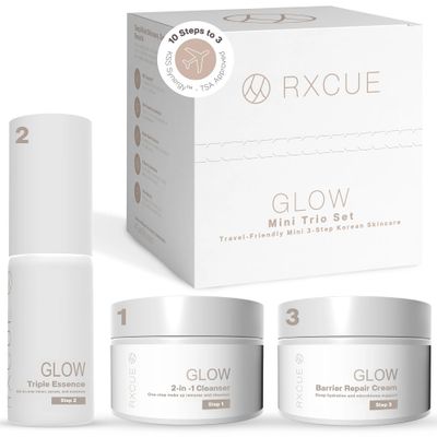 Rxcue Glow Mini Trio Skin Care Set: Mini Skincare Travel Kit for Women, 10-to-3 Step Korean Skin Care Routine Kit for Glass Skin, Travel Size Skincare, Face Care Kits &amp; Beauty Gift Sets 1.01 fl oz