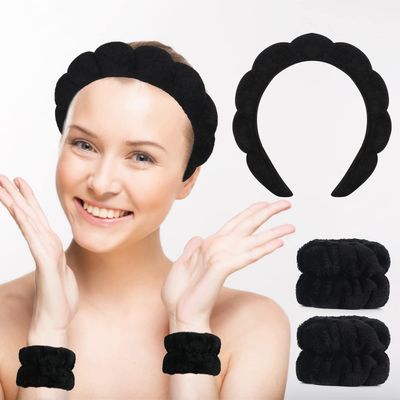 Vefungyan Puffy Spa Headband and Wristband: Skincare Sponge scrunchies wristband set for Women Makeup Washing Face Removal Shower Yoga