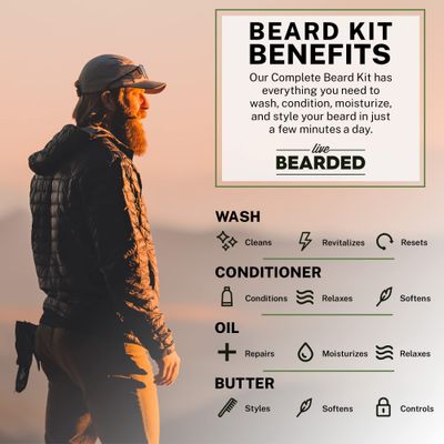 Live Bearded Complete Beard Grooming Kit, Made in the USA with All-Natural Ingredients - Beard Wash, Conditioner, Beard Butter & Beard Oil Kit - Mens GIft Set, in Scent Legend, Sandalwood & Vanilla