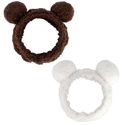 Ondder 2Pcs Bear Ears Headband, Coffee &amp; White, Soft Spa Hair Band for Washing Face, Facial Skincare, Makeup, Yoga, Exercise, Party, Women