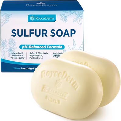 Roycederm Sulfur Soap for Acne Support: Sulfur Face Wash Bar for Sensitive Skin and Blemish-Prone Areas - Sulfur Body Cleanser with 10% Volcanic Sulfur, Tea Tree Oil - 2 Bars