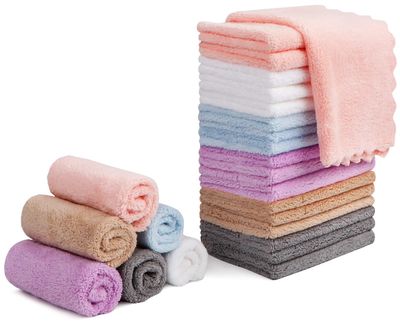 Orighty Makeup Remover Cloths, Cleansing, Reusable, Soft &amp; Washable Coral Fleece Microfiber Washcloths / Towel for Face, Eye, Lips, Pack of 24, 7 x 7 inch