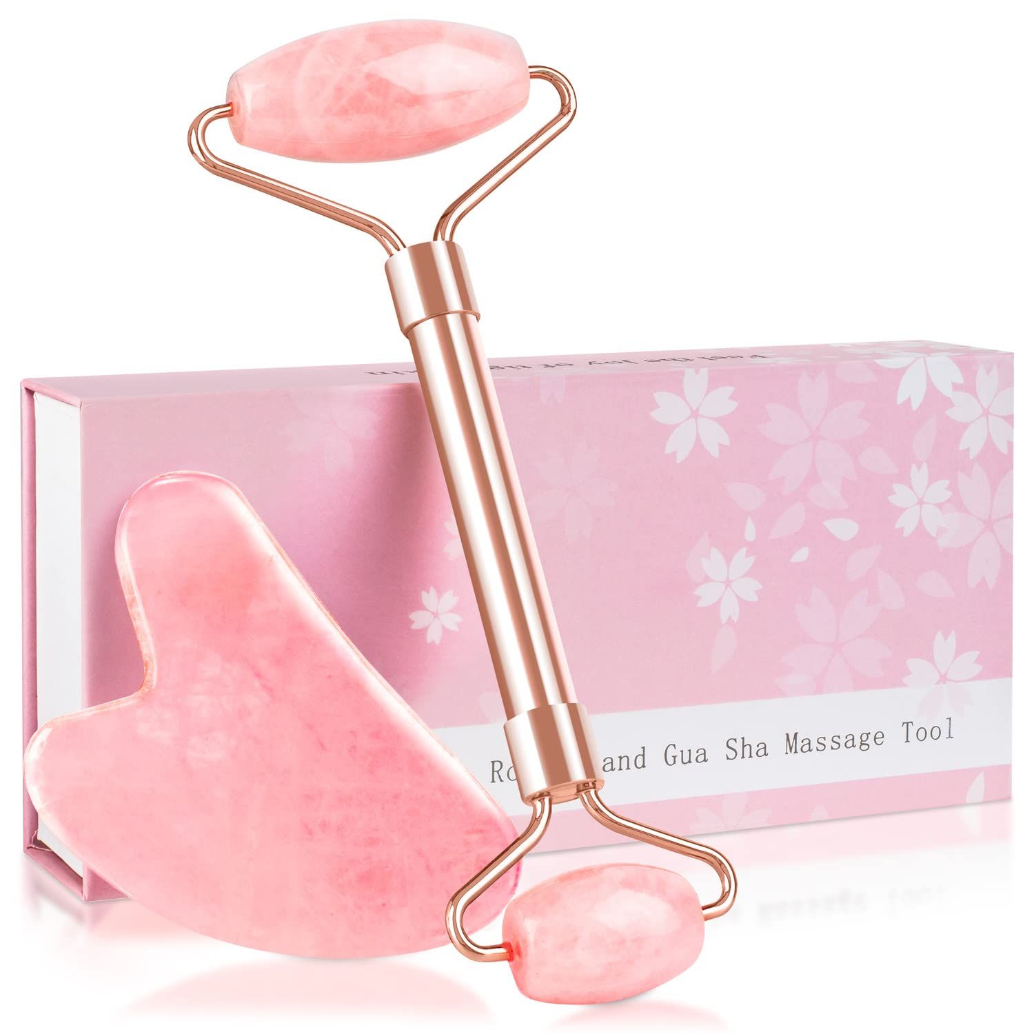 ZS ZESHIN Jade Roller &amp; GuaSha Set-Facial Beauty Roller Skin Care Tools, Rose Quartz Massager for Face, Eyes, Neck, Body to Relieve Wrinkles,Fine Line and Eyepuffiness