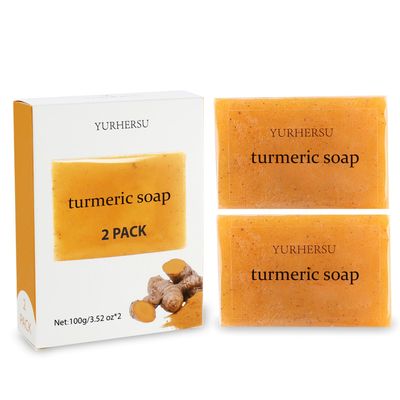 YURHERSU 2 Pcs Turmeric Soap, Lemon Handmade Soap Bath, Deep Cleansing Pores Body Dirty Smooth Skin Tender Care, Oil Control Exfoliator for Man Girl Skin Care for All Skin Types