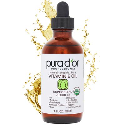 PURA D&#39;OR 4 Oz ORGANIC Vitamin E Oil Blend 70,000 IU - 100% Natural Hexane Free, Sweet Almond, Apricot, Jojoba, Argan, Rosehip, Sunflower &amp; Avocado Bath Oil For Scars, Skin, Face &amp; Full Body