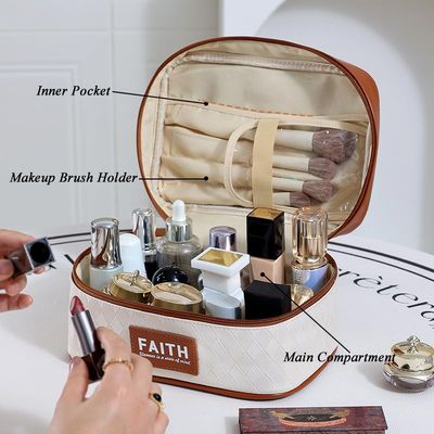 kamumanni Travel Cosmetic Bag, Portable Makeup Bag with Makeup Brush Holder, Pu Leather Storage Case for Skincare Products (Brown)