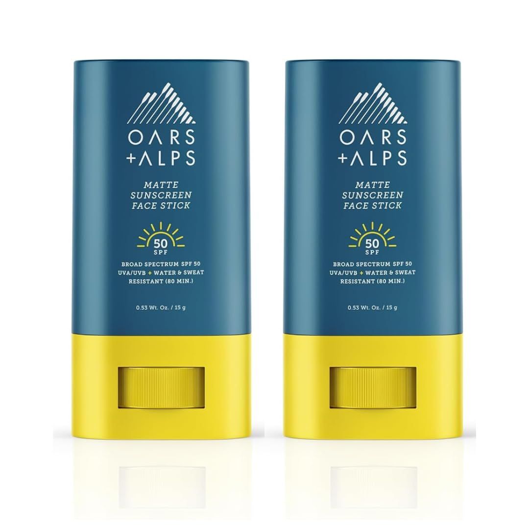 Oars + Alps Matte Sunscreen Face Stick SPF 50, Water &amp; Sweat Resistant Sunblock, Broad Spectrum UVA/UVB Protection, Dermatologist Tested, Gluten-Free, Travel-Friendly, 2 Pack