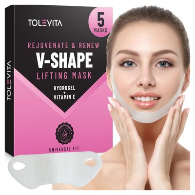 TOLEVITA V- Line Lifting Mask Double Chin | Double Chin, Comfortable Double Chin Strap | Face Sculpting &amp; Lifting Mask with Hydrogel and Vitamin E for Women &amp; Men - 5 Pcs