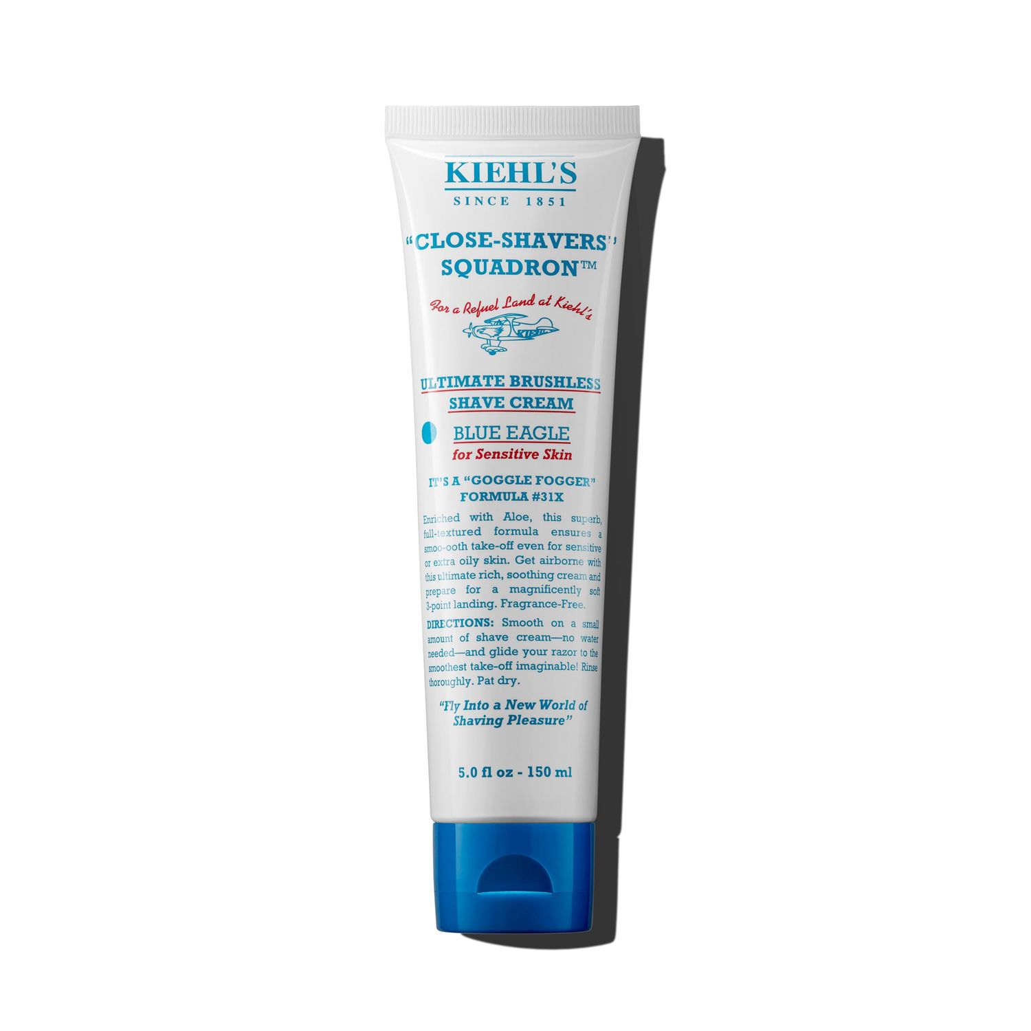 Kiehl&#39;s Ultimate Brushless Shave Cream Blue Eagle, Unscented for Sensitive Skin, with Aloe Vera to Soothe &amp; Hydrate, Minimizes Irritation, Fragrance-free, Paraben-free - 5 fl oz