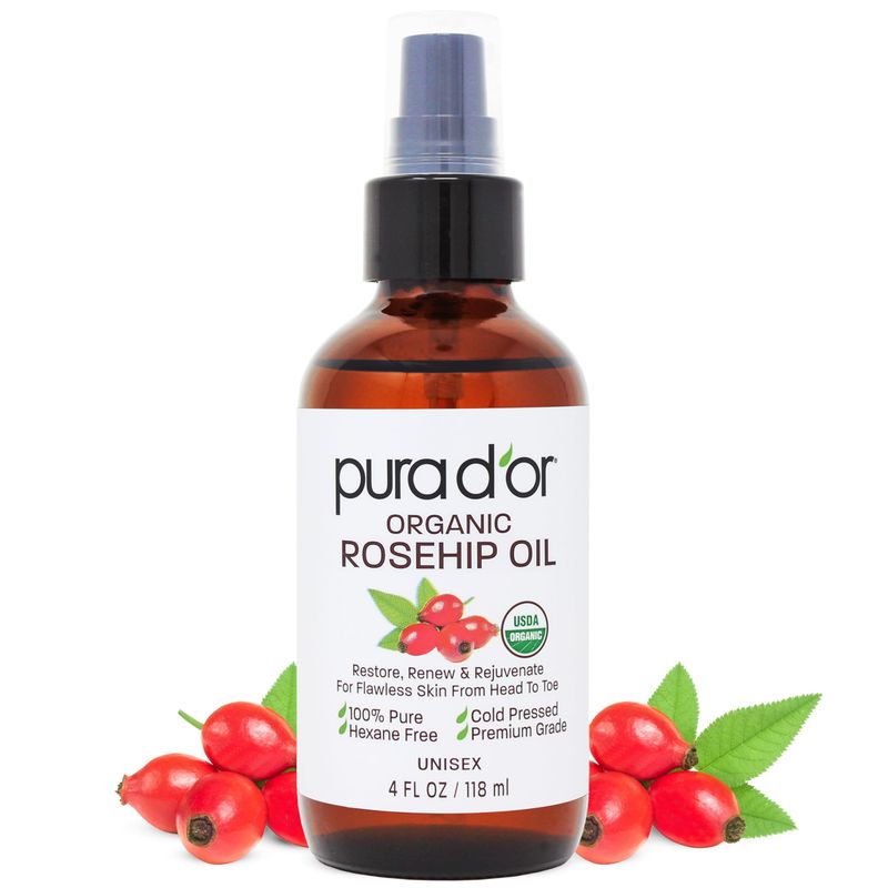 PURA D'OR 4 Oz ORGANIC Rosehip Seed Oil Hair Relaxer 100% Pure Cold Pressed USDA Certified All Natural For Anti-Aging, Scar Treatment, Face, Hair Relaxer &amp; Skin Moisturizer - Women &amp; Men