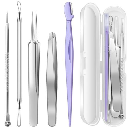 TsMADDTs Pimple Popper Tool Kit, 6PCS Blackhead Remover Tools for Face and Nose, Ingrown Hair Removal Kit with Pimple Extractor, Pore Extractor, Tweezer, Razor