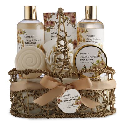 Valentines Day Gifts Womens Gifts, Gift Baskets for Women Who Have Everything, Home Spa Honey &amp; Almond Scent, Luxury Bath &amp; Body Set - Shower Gel, Bubble Bath, Body Lotion, Salts, Bath Bomb, Bath Puff