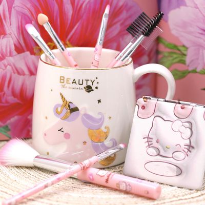 oneZHI Beauty Makeup Brush Set 7 Pcs Pink Pixi Concealer Blush Contour Eyeshadow Brushes Cute Kitty Kawaii Cosmetic Make Up Brushes with Transparent Case Gift for Girls Women (Pink)