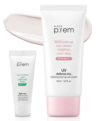 MAKEPREM UVA UVB Defense Me Calamine Calming Sun Cream SPF 50+ PA++++ 1.69 Fl Oz Korean Mineral Sunblock VEGAN Sunscreen Reef-safe Mild Non-Irritating Sensitive Acne-Prone Skin Non-Nano No Chemicals