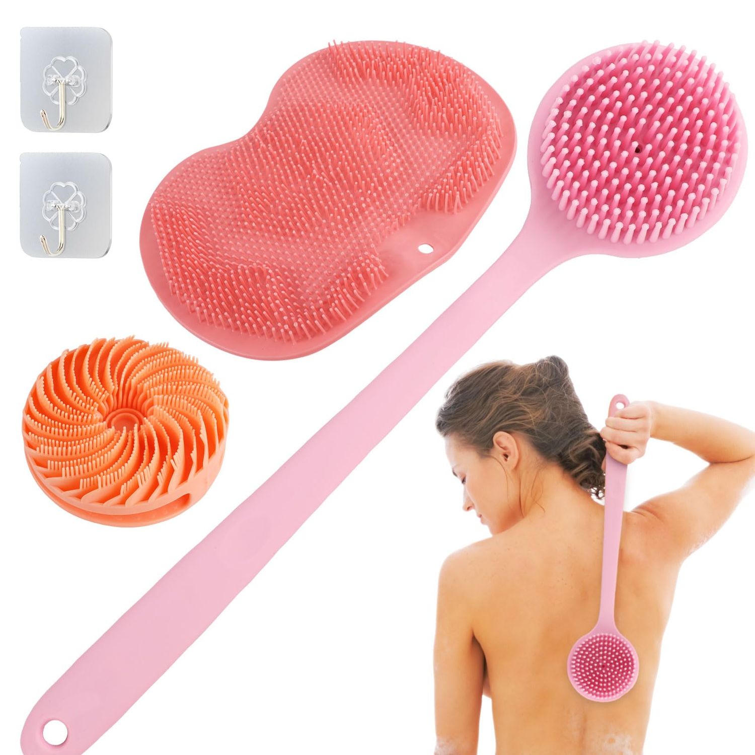 Silicone Body Scrubber Set,Dual-Sided 2-in-1 Silicone Handheld Body Skin Hair Brush,Non-Slip Long Handle Silicone Back Scrubber &amp; Foot Scrubber Mat Back Washer Pad Wall Floor Mounted Suction Cups