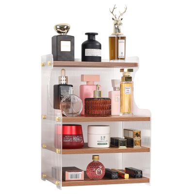 Makeup Organizer Countertop,Walnut Wooden and Acrylic Makeup Organizers, Solid Wood Wear-Resistant Waterproof Removable, Suitable for All Heights of Skincare Organizers/Dresser Bathroom Organization
