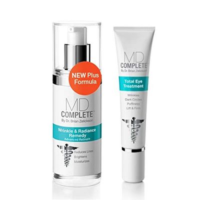 MD Complete Eye Wrinkle Duo | Professional Dermatologist Skin Rejuvenation | includes Wrinkle &amp; Radiance Remedy PLUS with Retinol and Total Eye Treatment with Hyaluronic Acid and Peptides | Set of Two