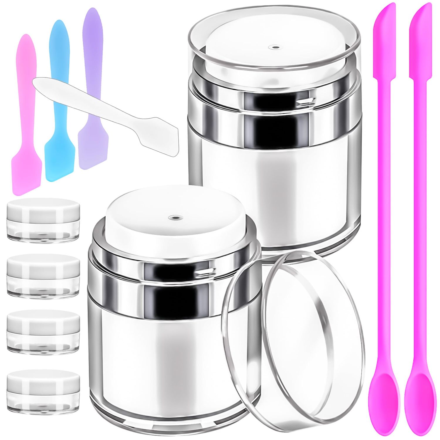 MotBach 12Pcs 0.5oz Airless Pump Jars Containers Set, with 2Pcs 15ml Air Pump Dispensers, 4Pcs 5g Jars, 6Pcs Spatulas, Cream Jar Vacuum Bottle for Travel Toiletries Makeup Cosmetic Skincare Lotion