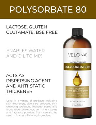 Polysorbate 80 by Velona - 16 Fl Oz | Solubilizer, Food & Cosmetic Grade | All Natural for Cooking, Skin Care and Bath Bombs, Sprays, Foam Maker | Use Today - Enjoy Results