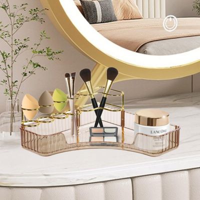 KOUHTIKA Makeup Organizer for Vanity Corner Storage Shelf for Bathroom Countertop Skincare Organizer with Makeup Brush Holder (Amber)