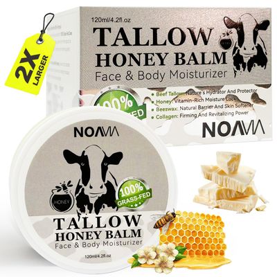 NOAVIA Beef Tallow and Honey Balm, Beef Tallow Moisturizer for Skin, Tallow Face Cream Moisturizes Face and Body,Grass Fed Tallow Honey Balm Soothes and Calms Sensitive Skin, 4.23oz