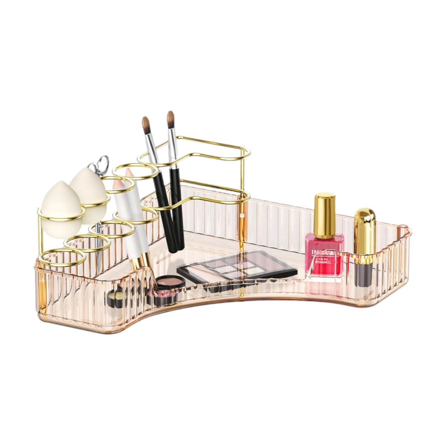 KOUHTIKA Makeup Organizer for Vanity Corner Storage Shelf for Bathroom Countertop Skincare Organizer with Makeup Brush Holder (Amber)