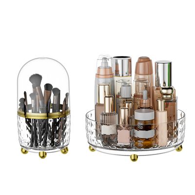 Sinminou 360 Rotating Makeup Organizer with Make up Brush Holder 2 Pack for Vanity, Spinning Skincare Organization, Perfume Storage Cosmetic Brush Holder for Bathroom Countertop Large Capacity