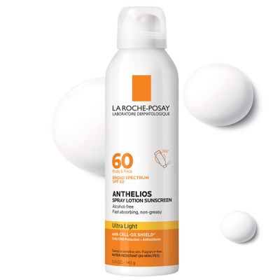 La Roche-Posay Anthelios Ultra-Light Sunscreen Spray Lotion SPF 60 | Spray Sunscreen For Face &amp; Body | Broad Spectrum SPF + Antioxidants | Oil Free | Alcohol Free | Water Resistant 80 Min. | 5 Fl. Oz.