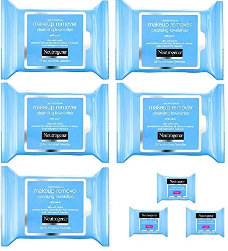Neutrogena Makeup Remover Cleansing Towelettes, Daily Face Wipes to Remove Dirt, Oil, Makeup &amp; Waterproof Mascara, 25 ct (5 pack + 3 Bonus Pouches)