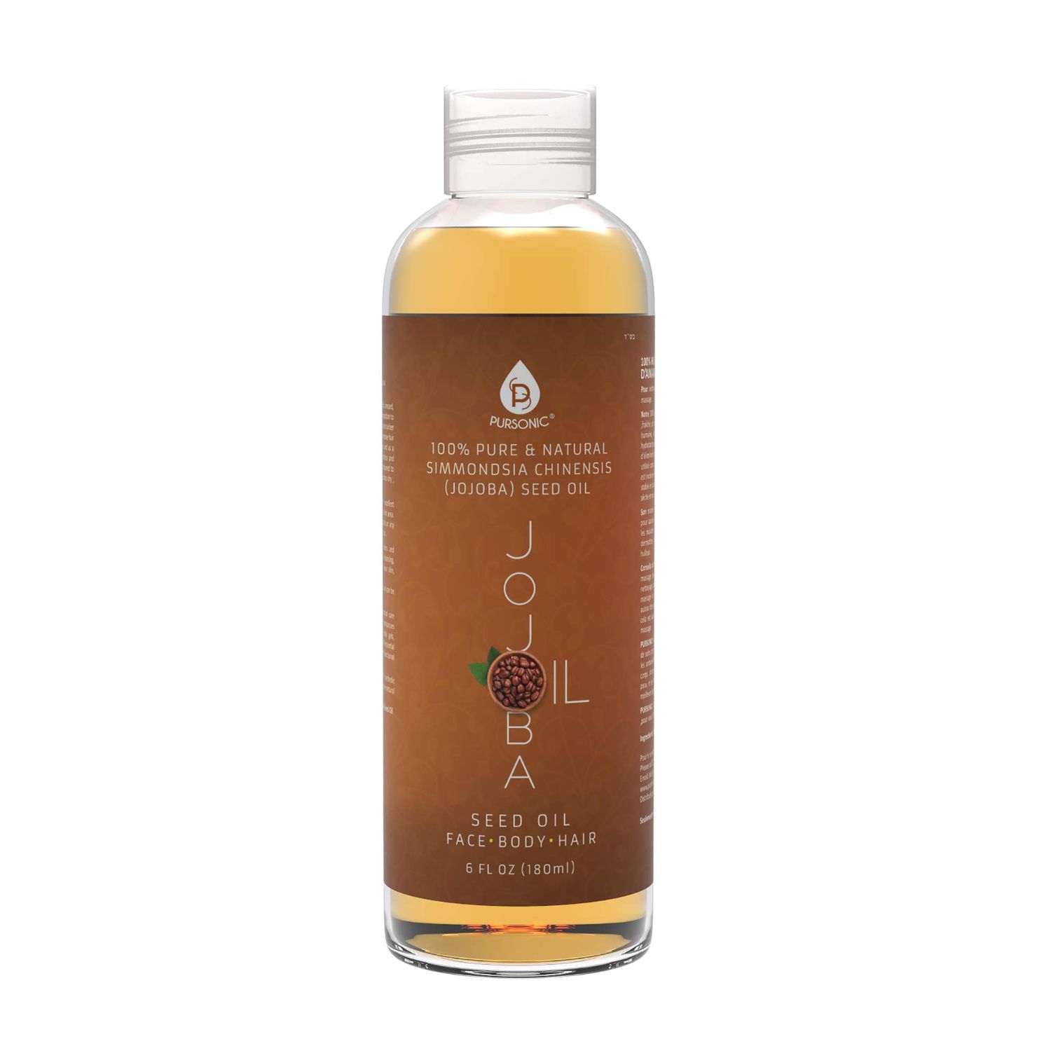 Pursonic Pursonic 100% Cold Pressed Pure Golden Jojoba Oil for Dry Skin or Damaged Hair, Natural &amp; Unrefined - Moisturizes &amp; Revitalizes Skin, 6 Ounce, 1 count, JJO6