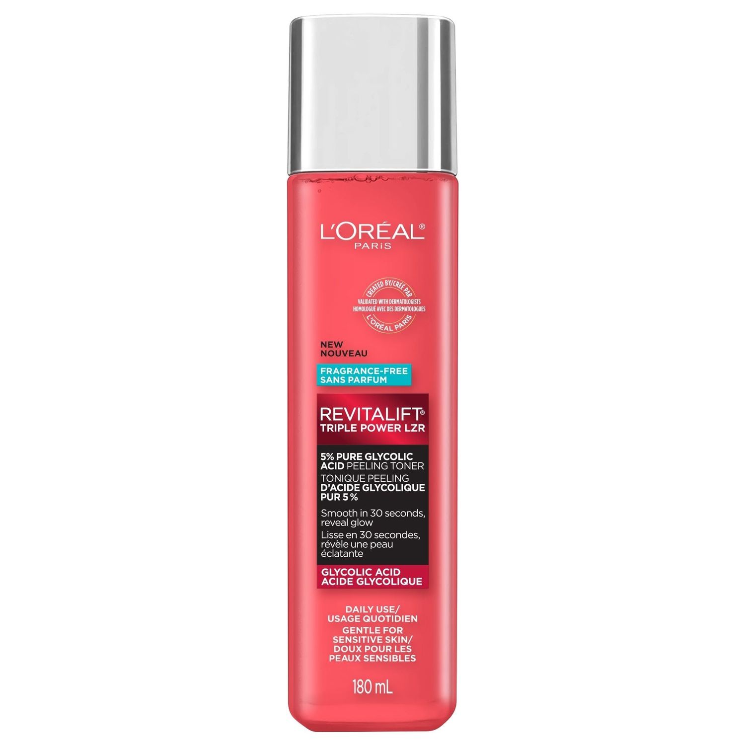 L'Oreal Paris Revitalift 5% Pure Glycolic Acid Peeling Toner with Aloe Vera, Alcohol Free, Fragrance Free 6 fl oz