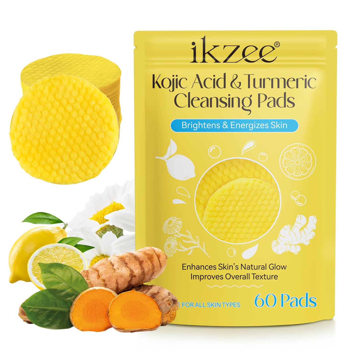 Turmeric Cleansing Pads, Kojic Acid and Turmeric Cleansing Pads, Turmeric Kojic Acid Lemon Chamomile Vitamin C B5 Pads for Face -60PCS