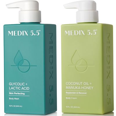 MEDIX Exfoliating Glycolic Acid Body Wash &amp; Face Wash + Coconut Body Lotion Skin Care Set | Coconut Oil Lotion Body Cream &amp; AHA + Lactic Acid Foaming Body Wash For KP Bumps, Keratosis Pilaris, &amp; Acne