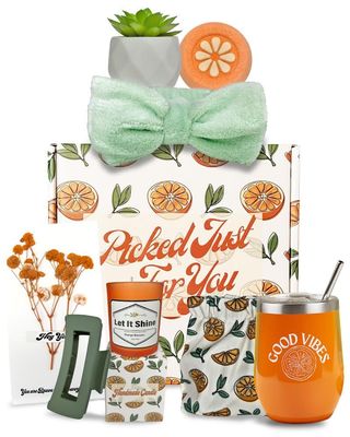 Sunny&amp;Wise Orange Themed Gift Baskets for Women, Self Care Gifts for Women, Care Package for Women, Relaxing Gifts for Women, Gift Box for Women