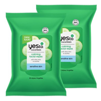 Yes To Face Wipes for Women and Men, Sensitive Facial Cleansing Wipes for use as a Make Up Remover, Cleaning, Soothing, Cucumbers Aloe Vera (Pack of 2)