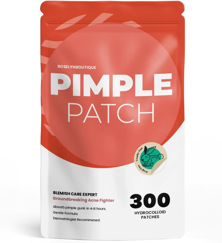 Pimple Patches for Face 300 Counts 4 Sizes by ROSELYNBOUTIQUE - Hydrocolloid Acne Patches with Tea Tree Oil, SalicylicAcid, CICA Skin-Friendly(Package May Vary)