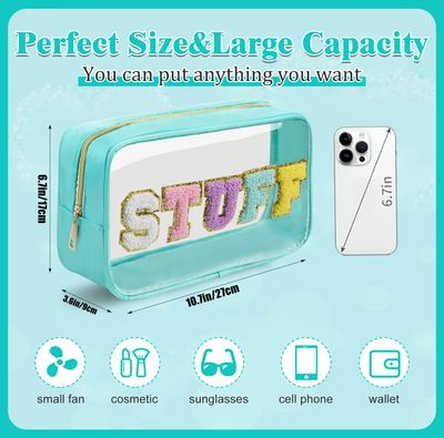 WKJOLIN College Style Chenille Patch Zipper Transparent Makeup Bag, Portable Beach Travel Skin Care Cosmetic Bag,Nylon&amp; PVC Waterproof Toiletry Organizer Storage for Women(STUFF - Rose) (STUFF-Green)