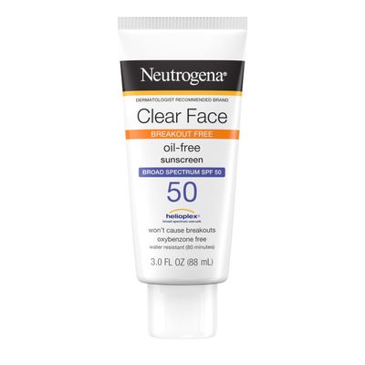 Neutrogena Clear Face Sunscreen Lotion for Acne-Prone Skin, Broad Spectrum SPF 50 Facial Sunscreen for Oily Skin, Oil-, Fragrance- &amp; Oxybenzone-Free Water Resistant Sunscreen, 3 fl. oz