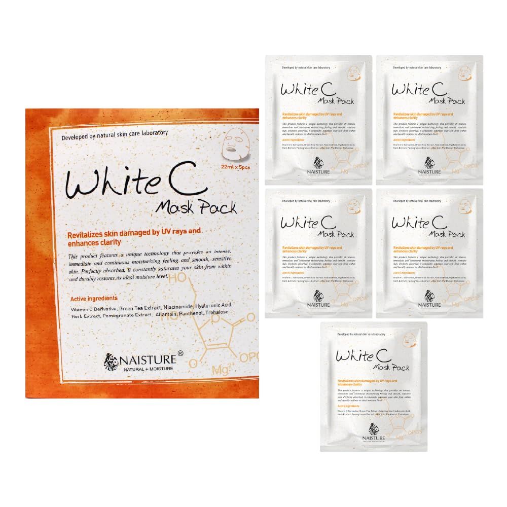 Naisture Premium Facial Sheet Mask - White C (5pc) Korean Face Mask for Hydration &amp; Skin Brightening