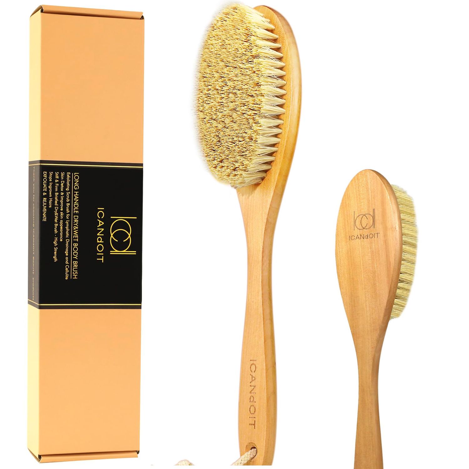 ICANdOIT Very Stiff Dry Brushing Body Brush for Men&amp;Women, Long Handle Dry Skin Brush for Cellulite and Lymphatic Drainage with Natural Agave Cactus Tampico Fiber Bristles