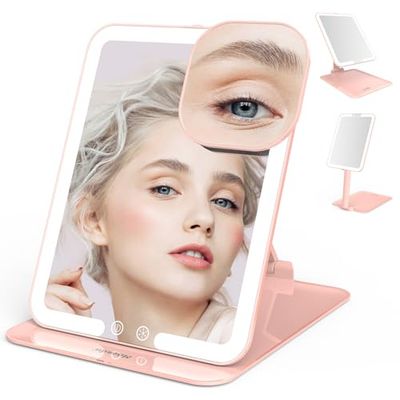 Mocado Travel Makeup Mirror with Light - 7x5 inches Tripple Folding Travel Mirror with Light, 3 Colors Lighted Makeup Mirror, Portable Makeup Mirror with Light, Freely Adjust Height and Angle(Pink)