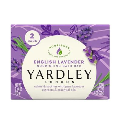 Yardley London Nourishing Bath Soap Bar English Lavender, Calms &amp; Soothes with Pure Lavender Extracts &amp; Essential Oils 4.0 oz Bath Bar, 2 Soap Bars