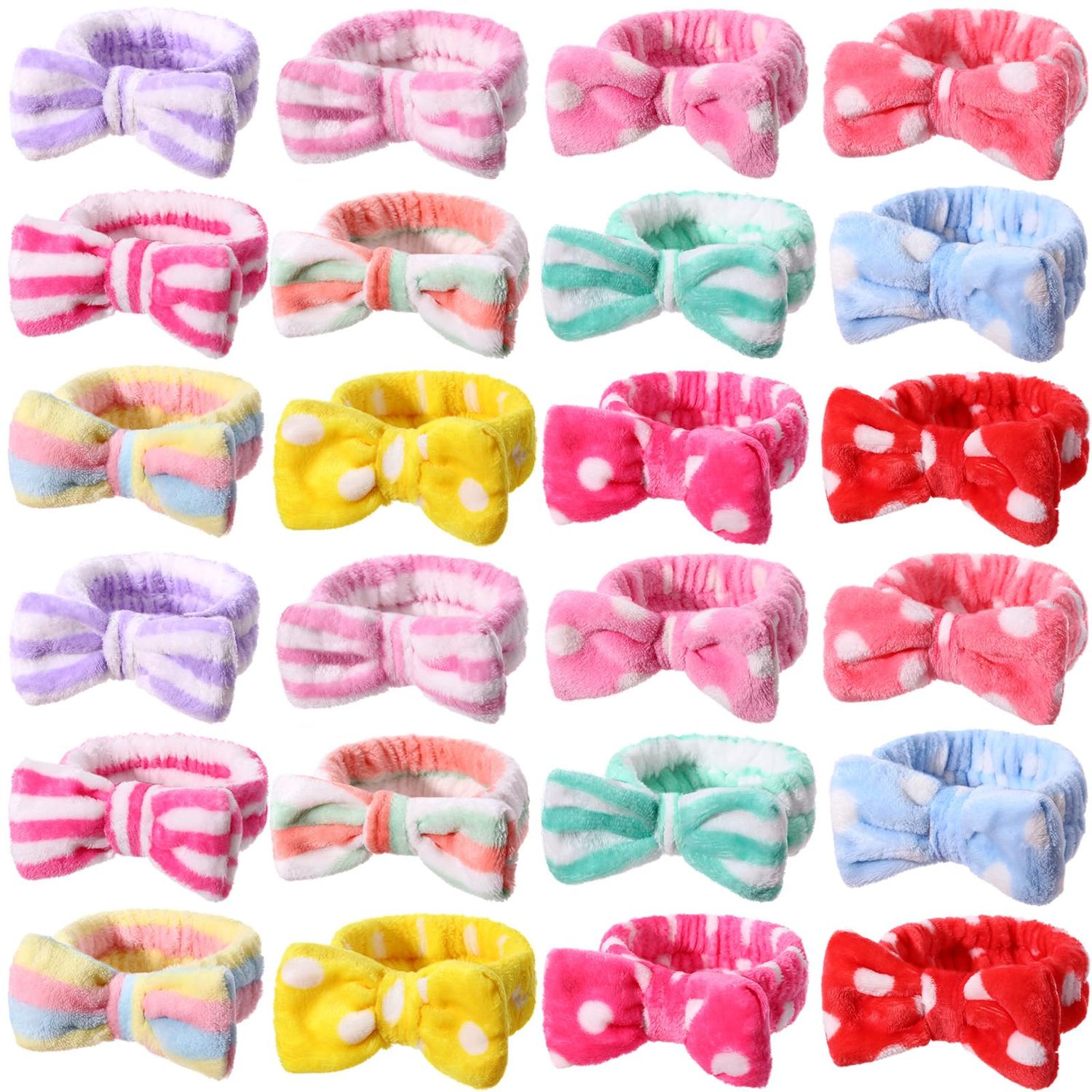 WILLBOND 24 Pack Spa Headband Bow Hair Band Facial Makeup Headband Women Face Wash Headband Adjustable Skincare Headbands Flannel Towel Soft Head Wraps for Women Shower Washing Face(Vivid Pattern)